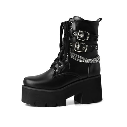 GHSIRUEU Damen Stiefeletten mit Schnalle Gothic Plateau Schnürer Militär Kampfstiefel Blockabsatz Motorradstiefel mit Kette,Schwarz,38 EU von GHSIRUEU