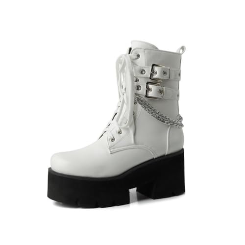 GHSIRUEU Damen Stiefeletten mit Schnalle Gothic Plateau Schnürer Militär Kampfstiefel Blockabsatz Motorradstiefel mit Kette,Weiß,38 EU von GHSIRUEU