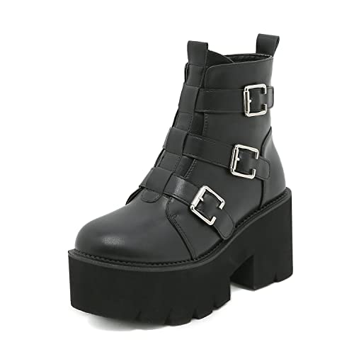 GHSIRUEU Damen Stiefeletten mit Schnalle Gothic Plateau Seitlichem Reißverschluss Springerstiefel Wasserdicht Motorradstiefel,Schwarz,40 EU von GHSIRUEU