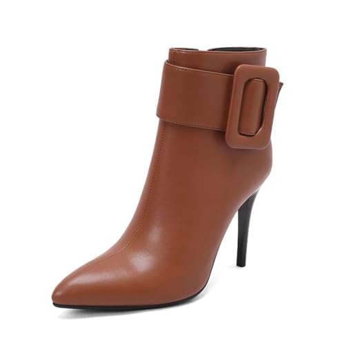 GHSIRUEU Damen Stiefeletten mit Schnalle Spitzschuh Stöckel Absatz Spitzem Zehenbereich Klassische Reitstiefel,Braun,43 EU von GHSIRUEU