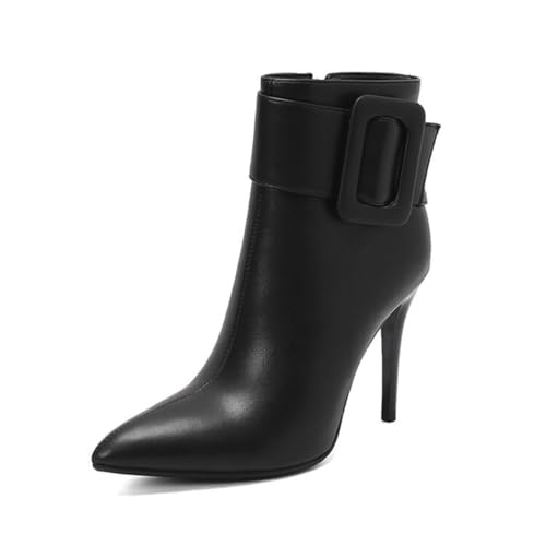 GHSIRUEU Damen Stiefeletten mit Schnalle Spitzschuh Stöckel Absatz Spitzem Zehenbereich Klassische Reitstiefel,Schwarz,41 EU von GHSIRUEU