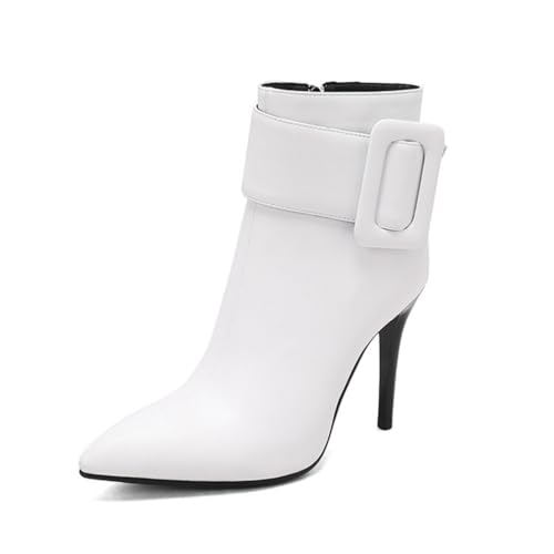 GHSIRUEU Damen Stiefeletten mit Schnalle Spitzschuh Stöckel Absatz Spitzem Zehenbereich Klassische Reitstiefel,Weiß,42 EU von GHSIRUEU