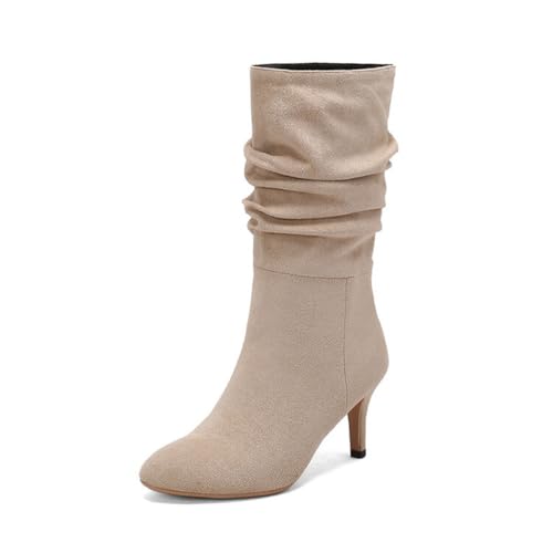 GHSIRUEU Damen Stiefeletten mit Spitze Zehen Kätzchenabsatz Wildlederimitat Winterstiefel Anzugstiefel,Almond,43 EU von GHSIRUEU