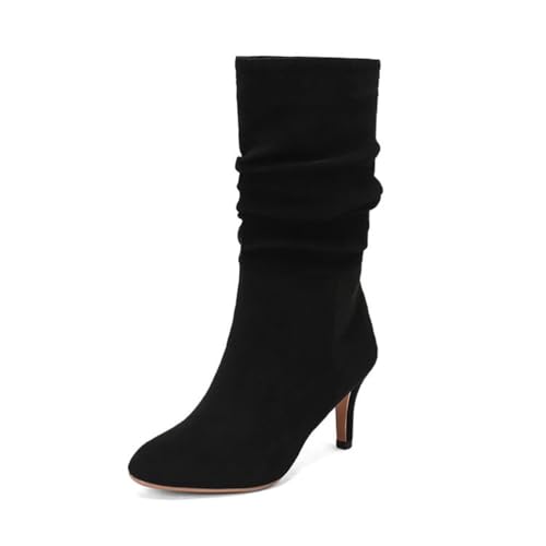 GHSIRUEU Damen Stiefeletten mit Spitze Zehen Kätzchenabsatz Wildlederimitat Winterstiefel Anzugstiefel,Schwarz,35 EU von GHSIRUEU