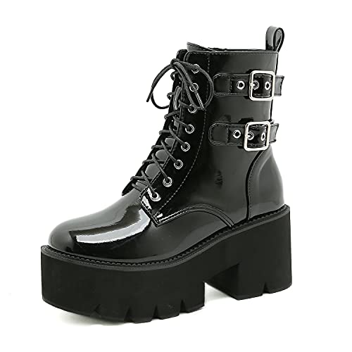 GHSIRUEU Damen Wasserdicht Lackleder Stiefeletten mit Schnalle Schnürer Plateau Stiefeletten Gothic Motorradstiefel,Schwarz,40 EU GHSIRUEU Damen Wasserdicht Lackleder Stiefeletten mit Schnalle Schnürer Plateau Stiefeletten Gothic Motorradstiefel,Schwarz,40 EU von GHSIRUEU