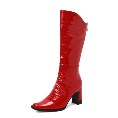 GHSIRUEU Damen Wasserdicht Lackstiefel Comfort Blockabsatz Kniehohe Stiefel Mit Reißverschluss,Rot,44 EU von GHSIRUEU