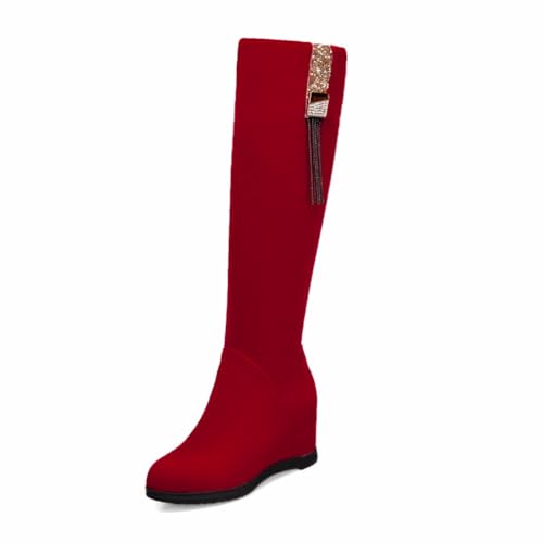 GHSIRUEU Damen Wildleder Kniehohe Stiefel Klassische Keilabsatz Seitlichem Reißverschluss Lange Schlauchstiefel Mit Strass Und Quaste,Rot,42 EU von GHSIRUEU