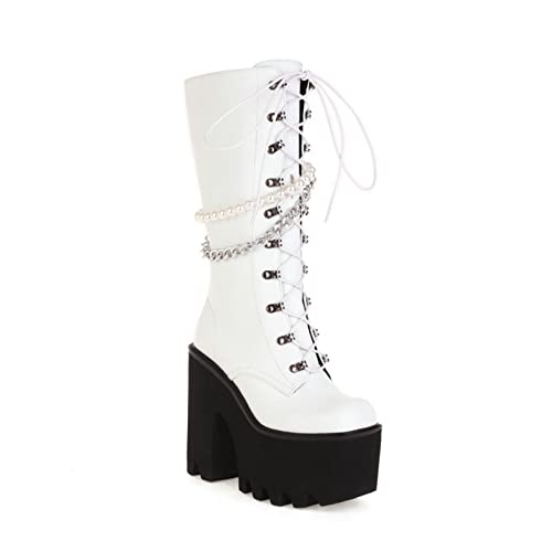 GHSIRUEU Damen Winterstiefel Kniehoch Reitstiefel Schnürung Stämmiger Absatz Springerstiefel Mit Zipper,Weiß,37 EU von GHSIRUEU