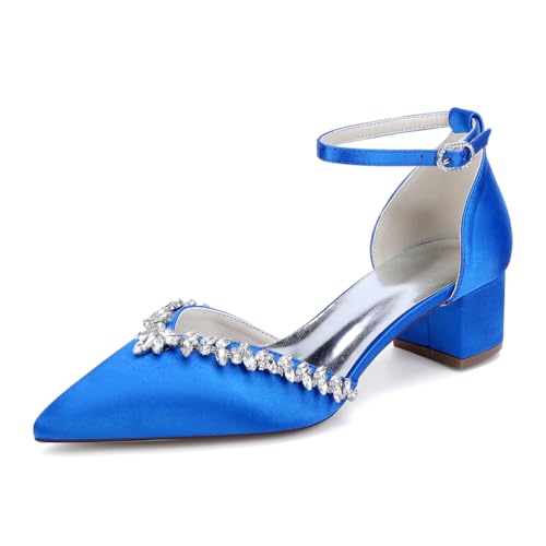 GHSIRUEU Elfenbein Hochzeitsschuhe Damen Blockabsatz Knöchelriemen Klassisch Brautschuhe mit Strass,Blau,40 EU von GHSIRUEU