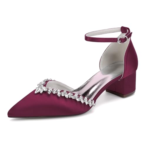 GHSIRUEU Elfenbein Hochzeitsschuhe Damen Blockabsatz Knöchelriemen Klassisch Brautschuhe mit Strass,Burgundy,35 EU von GHSIRUEU