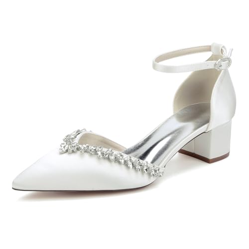 GHSIRUEU Elfenbein Hochzeitsschuhe Damen Blockabsatz Knöchelriemen Klassisch Brautschuhe mit Strass,Elfenbein,35 EU von GHSIRUEU