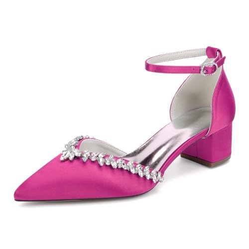 GHSIRUEU Elfenbein Hochzeitsschuhe Damen Blockabsatz Knöchelriemen Klassisch Brautschuhe mit Strass,Fuchsia,41 EU von GHSIRUEU
