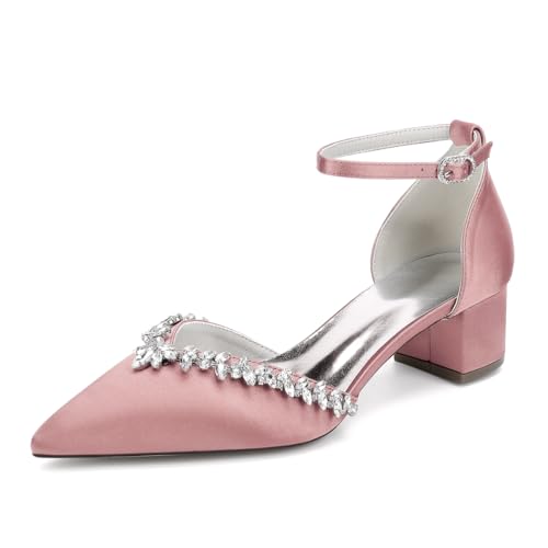 GHSIRUEU Elfenbein Hochzeitsschuhe Damen Blockabsatz Knöchelriemen Klassisch Brautschuhe mit Strass,Rosa,40 EU von GHSIRUEU
