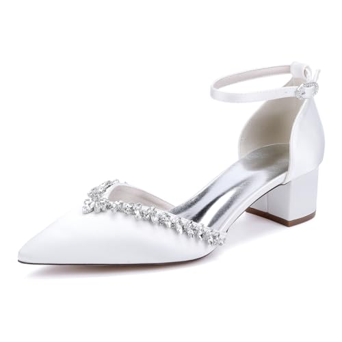 GHSIRUEU Elfenbein Hochzeitsschuhe Damen Blockabsatz Knöchelriemen Klassisch Brautschuhe mit Strass,Weiß,42 EU von GHSIRUEU