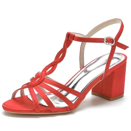 GHSIRUEU Elfenbein Hochzeitsschuhe Damen Blockabsatz Satin T-Spangen Bänder Ausschnitt Sandalen Sommer,Rot,38 EU von GHSIRUEU
