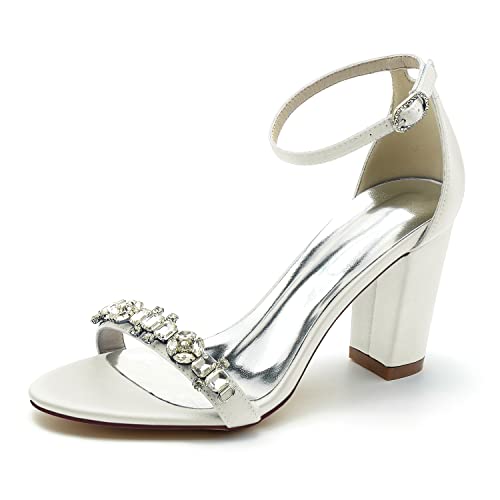 GHSIRUEU Hochzeitsschuhe Brautschuhe Damen Knöchelriemen Blockabsatz Offener Zeh Sandalen Für Hochzeit Kleid Partei,Elfenbein,41 EU von GHSIRUEU