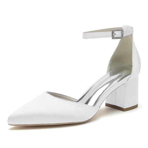 GHSIRUEU Hochzeitsschuhe Brautschuhe Damen Satin Knöchelriemen Spitze Zehen Blockabsatz Pumpen,Weiß,43 EU von GHSIRUEU