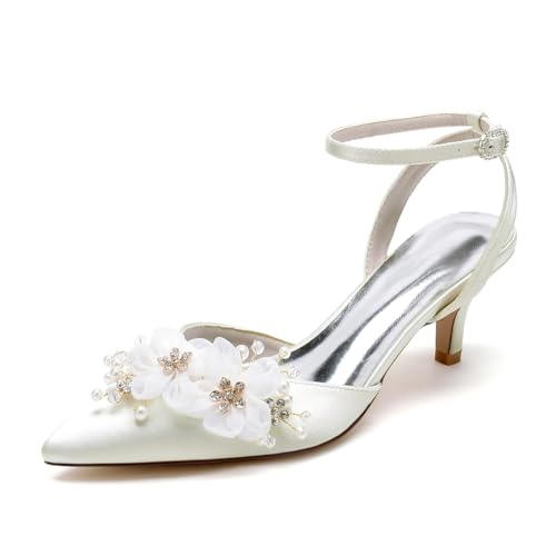 GHSIRUEU Hochzeitsschuhe Brautschuhe Damen Spitzschuh Kätzchenabsatz Sommer Sandalen mit Strass Und Blume,Elfenbein,37 EU von GHSIRUEU