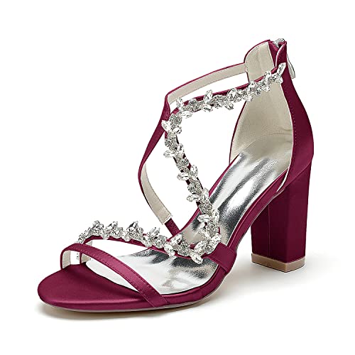 GHSIRUEU Hochzeitsschuhe Brautschuhe Damen Strass Knöchelriemen Offener Zeh Blockabsatz Sandalen Sommer,Burgundy,37 EU von GHSIRUEU