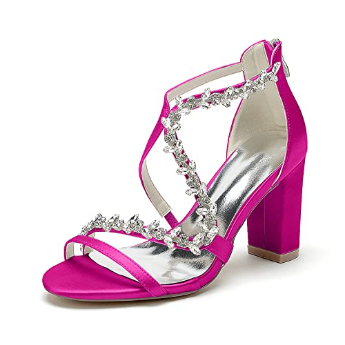GHSIRUEU Hochzeitsschuhe Brautschuhe Damen Strass Knöchelriemen Offener Zeh Blockabsatz Sandalen Sommer,Fuchsia,40 EU von GHSIRUEU