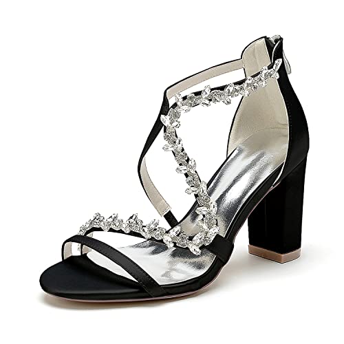 GHSIRUEU Hochzeitsschuhe Brautschuhe Damen Strass Knöchelriemen Offener Zeh Blockabsatz Sandalen Sommer,Schwarz,43 EU von GHSIRUEU