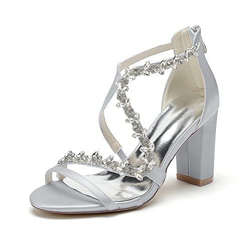 GHSIRUEU Hochzeitsschuhe Brautschuhe Damen Strass Knöchelriemen Offener Zeh Blockabsatz Sandalen Sommer,Silber,41 EU von GHSIRUEU