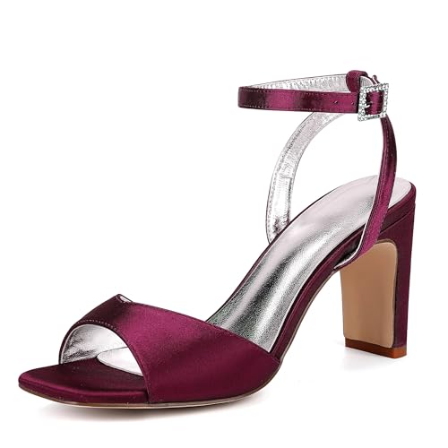 GHSIRUEU Hochzeitsschuhe Damen Sandaletten Quadratische Zehe Knöchelriemen Sommerschuhe mit Blockabsatz 8 cm,Burgundy,38 EU von GHSIRUEU