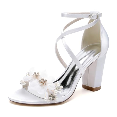 GHSIRUEU Hochzeitsschuhe für Damen Offene Zehen Kreuz Riemchen Sommerschuhe mit Perle Blockabsatz Sandalen,Weiß,43 EU von GHSIRUEU