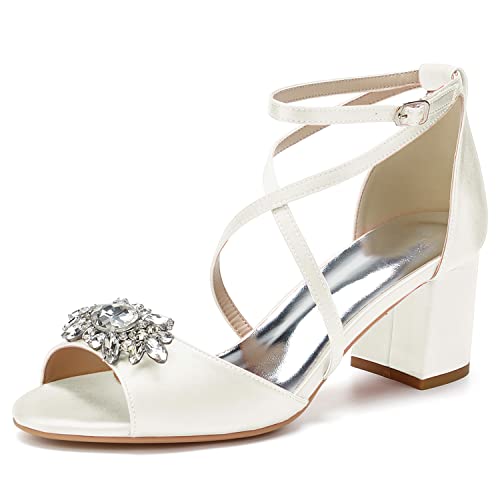 GHSIRUEU Hochzeitsschuhe mit Strass Brautschuhe Damen Kreuz Riemchen Peep Zehen Blockabsatz Sandalen für Hochzeit Kleid Partei,Elfenbein,39 EU von GHSIRUEU