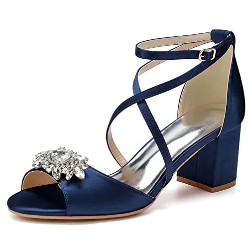 GHSIRUEU Hochzeitsschuhe mit Strass Brautschuhe Damen Kreuz Riemchen Peep Zehen Blockabsatz Sandalen für Hochzeit Kleid Partei,Marine,36 EU von GHSIRUEU