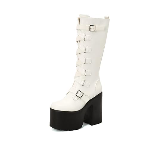 GHSIRUEU Plateau Kniehohe Stiefel mit Klobigem Absatz und Quadratische Zehe Gothic Punk Motorradstiefel mit Schnalle,Weiß,42 EU GHSIRUEU Plateau Kniehohe Stiefel mit Klobigem Absatz und Quadratische Zehe Gothic Punk Motorradstiefel mit Schnalle,Weiß,42 EU von GHSIRUEU