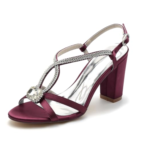 GHSIRUEU Sandalen Damen Peep Zehen Sandaletten Partei Abendschuhe Blockabsatz Sommerschuhe mit Strass,Burgundy,38 EU von GHSIRUEU