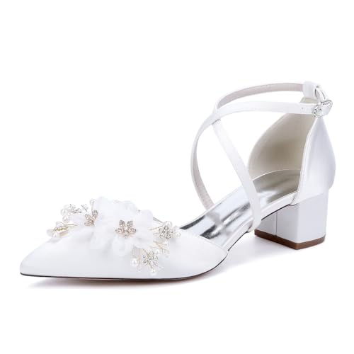 GHSIRUEU Sandalen Damen Spitze Zehen Blockabsatz Kreuz Riemchen Sommer Partei Hochzeit Abendschuhe mit Strass und Perle,Weiß,43 EU von GHSIRUEU