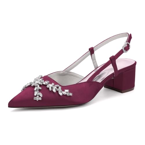 GHSIRUEU Sandalen Damen Spitze Zehen Knöchelriemen Blockabsatz Slingback Pumpen Bequeme Hochzeit Brautschuhe mit Strass,Burgundy,35 EU von GHSIRUEU