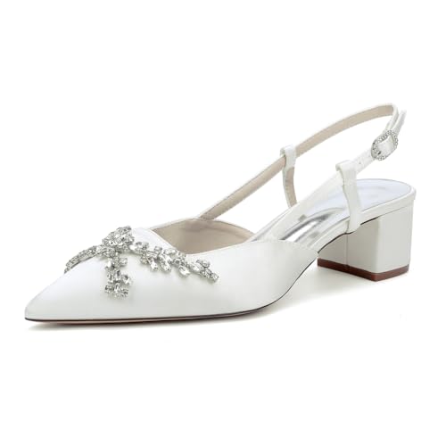 GHSIRUEU Sandalen Damen Spitze Zehen Knöchelriemen Blockabsatz Slingback Pumpen Bequeme Hochzeit Brautschuhe mit Strass,Elfenbein,35 EU von GHSIRUEU