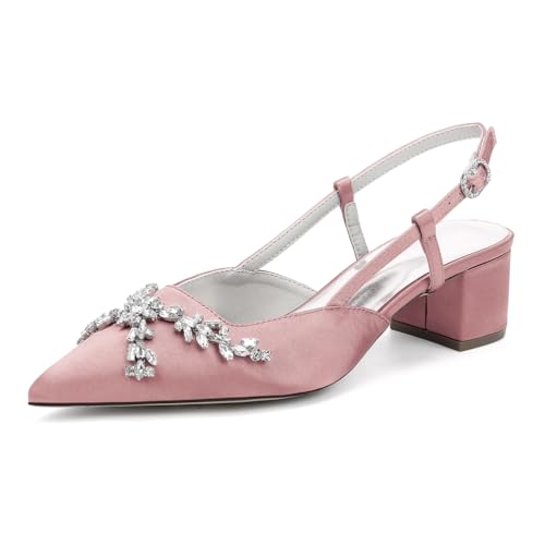 GHSIRUEU Sandalen Damen Spitze Zehen Knöchelriemen Blockabsatz Slingback Pumpen Bequeme Hochzeit Brautschuhe mit Strass,Rosa,38 EU von GHSIRUEU
