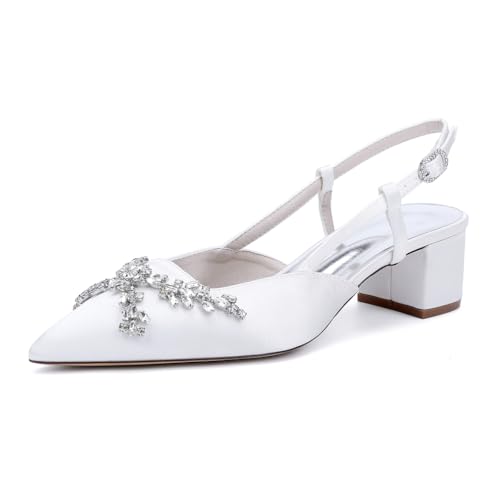 GHSIRUEU Sandalen Damen Spitze Zehen Knöchelriemen Blockabsatz Slingback Pumpen Bequeme Hochzeit Brautschuhe mit Strass,Weiß,38 EU von GHSIRUEU