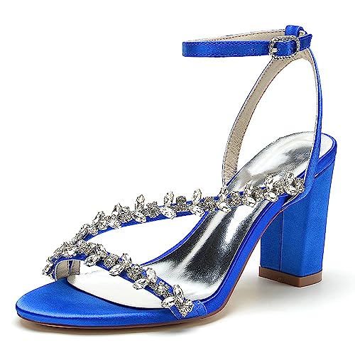 GHSIRUEU Sandalen Damen mit Absatz Bequem Sandaletten Einstellbar Knöchelriemen Hochzeitsschuhe mit Strass,Blau,41 EU von GHSIRUEU