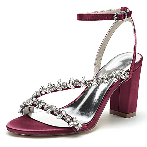 GHSIRUEU Sandalen Damen mit Absatz Bequem Sandaletten Einstellbar Knöchelriemen Hochzeitsschuhe mit Strass,Burgundy,36 EU von GHSIRUEU