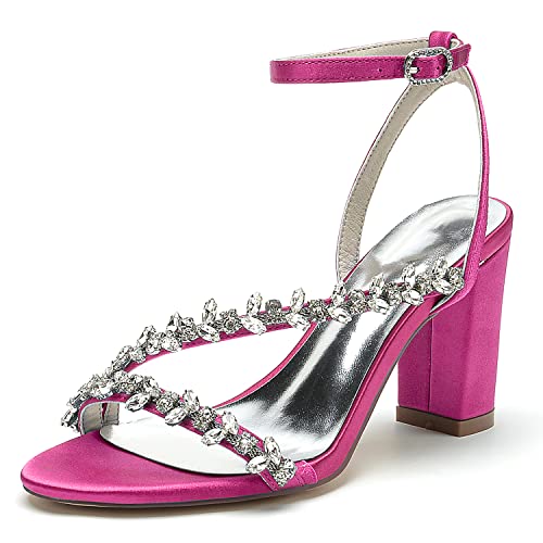 GHSIRUEU Sandalen Damen mit Absatz Bequem Sandaletten Einstellbar Knöchelriemen Hochzeitsschuhe mit Strass,Fuchsia,40 EU von GHSIRUEU