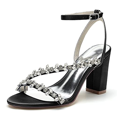 GHSIRUEU Sandalen Damen mit Absatz Bequem Sandaletten Einstellbar Knöchelriemen Hochzeitsschuhe mit Strass,Schwarz,42 EU von GHSIRUEU