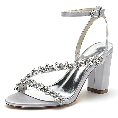 GHSIRUEU Sandalen Damen mit Absatz Bequem Sandaletten Einstellbar Knöchelriemen Hochzeitsschuhe mit Strass,Silber,42 EU von GHSIRUEU