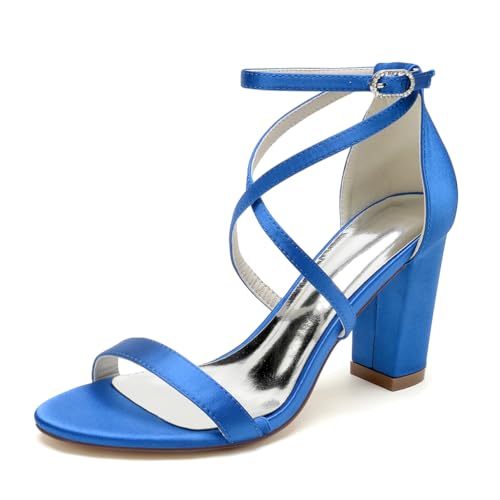 GHSIRUEU Sandalen für Damen Kreuz Riemchen Blockabsatz Offene Zehe Sommerschuhe Hochzeitsschuhe,Blau,43 EU von GHSIRUEU