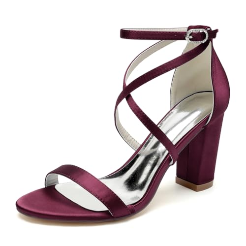 GHSIRUEU Sandalen für Damen Kreuz Riemchen Blockabsatz Offene Zehe Sommerschuhe Hochzeitsschuhe,Burgundy,38 EU von GHSIRUEU