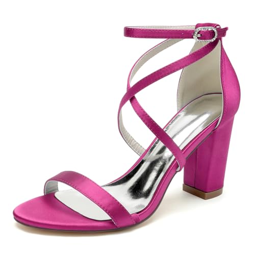 GHSIRUEU Sandalen für Damen Kreuz Riemchen Blockabsatz Offene Zehe Sommerschuhe Hochzeitsschuhe,Fuchsia,42 EU von GHSIRUEU