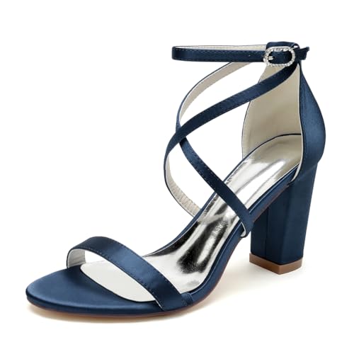 GHSIRUEU Sandalen für Damen Kreuz Riemchen Blockabsatz Offene Zehe Sommerschuhe Hochzeitsschuhe,Marine,38 EU von GHSIRUEU
