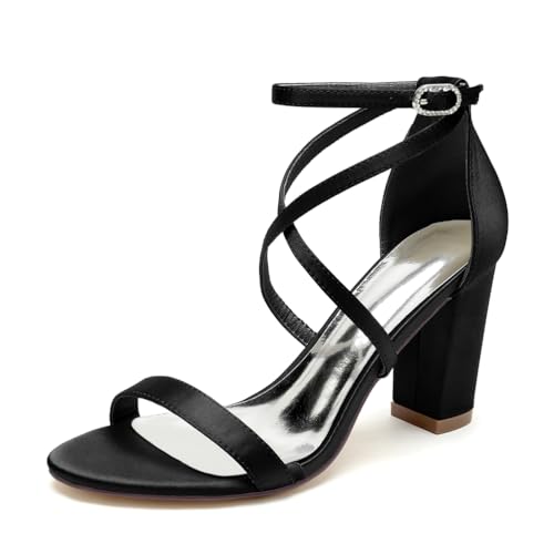 GHSIRUEU Sandalen für Damen Kreuz Riemchen Blockabsatz Offene Zehe Sommerschuhe Hochzeitsschuhe,Schwarz,39 EU von GHSIRUEU