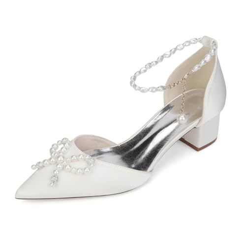 GHSIRUEU Weiße Hochzeitsschuhe Spitze Zehen Perle Kette Knöchelriemen Kleid Hochzeit Brautschuhe Damen,Elfenbein,40 EU von GHSIRUEU