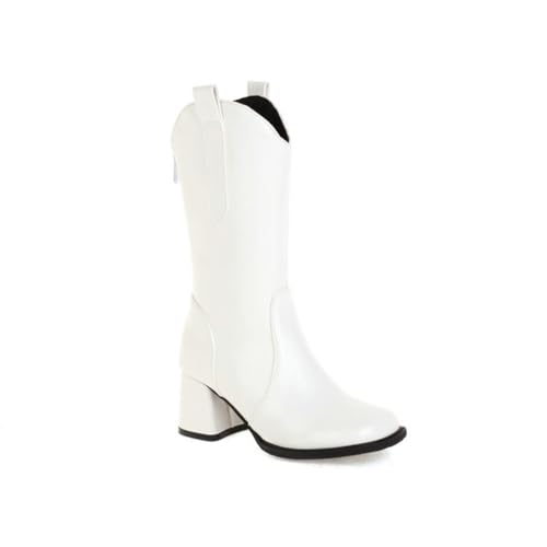 GHSIRUEU Western Cowboystiefel Für Damen Blockabsatz Leicht Gefüttert Schlupfstiefeletten Patchworkstiefel,Weiß,37 EU von GHSIRUEU