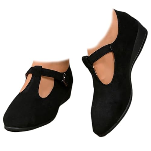 Damen Bequeme Spitze Zehen Flache Schnalle Keilabsatz Loafer Orthopädische Wildleder Ballett Mary Jane Schuhe für Frauen, Schwarz , 40 EU von GHTRHSB